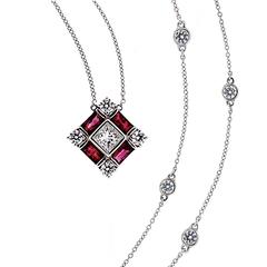 Baguette Ruby Princess Cut Diamond Gold Pendant Necklace 4