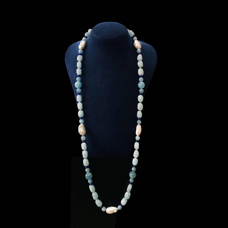 Aquamarine Fresh Water Pearl Lapis gold Necklace For Sale at 1stdibs