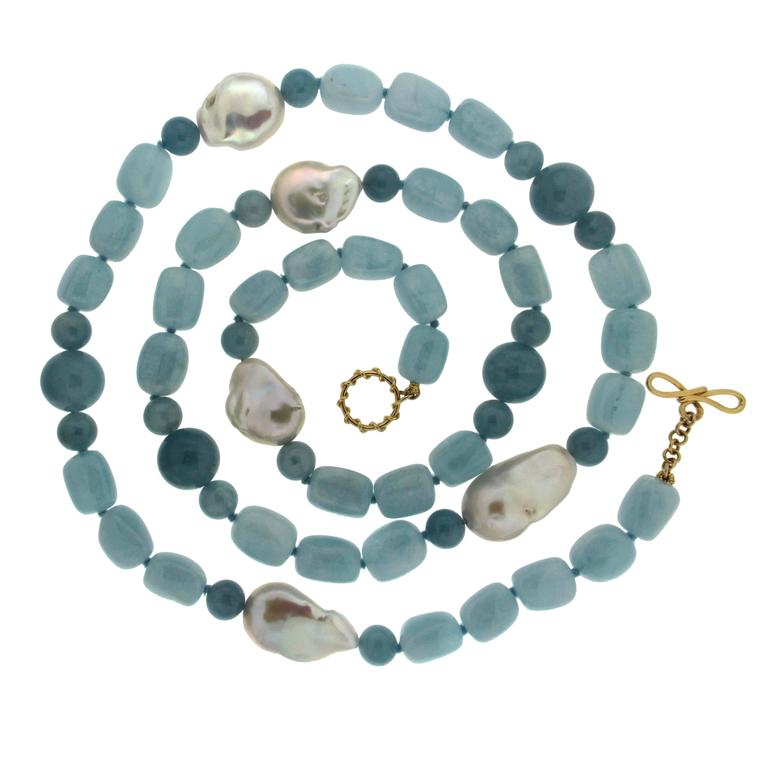 Aquamarine Fresh Water Pearl Necklace For Sale at 1stdibs