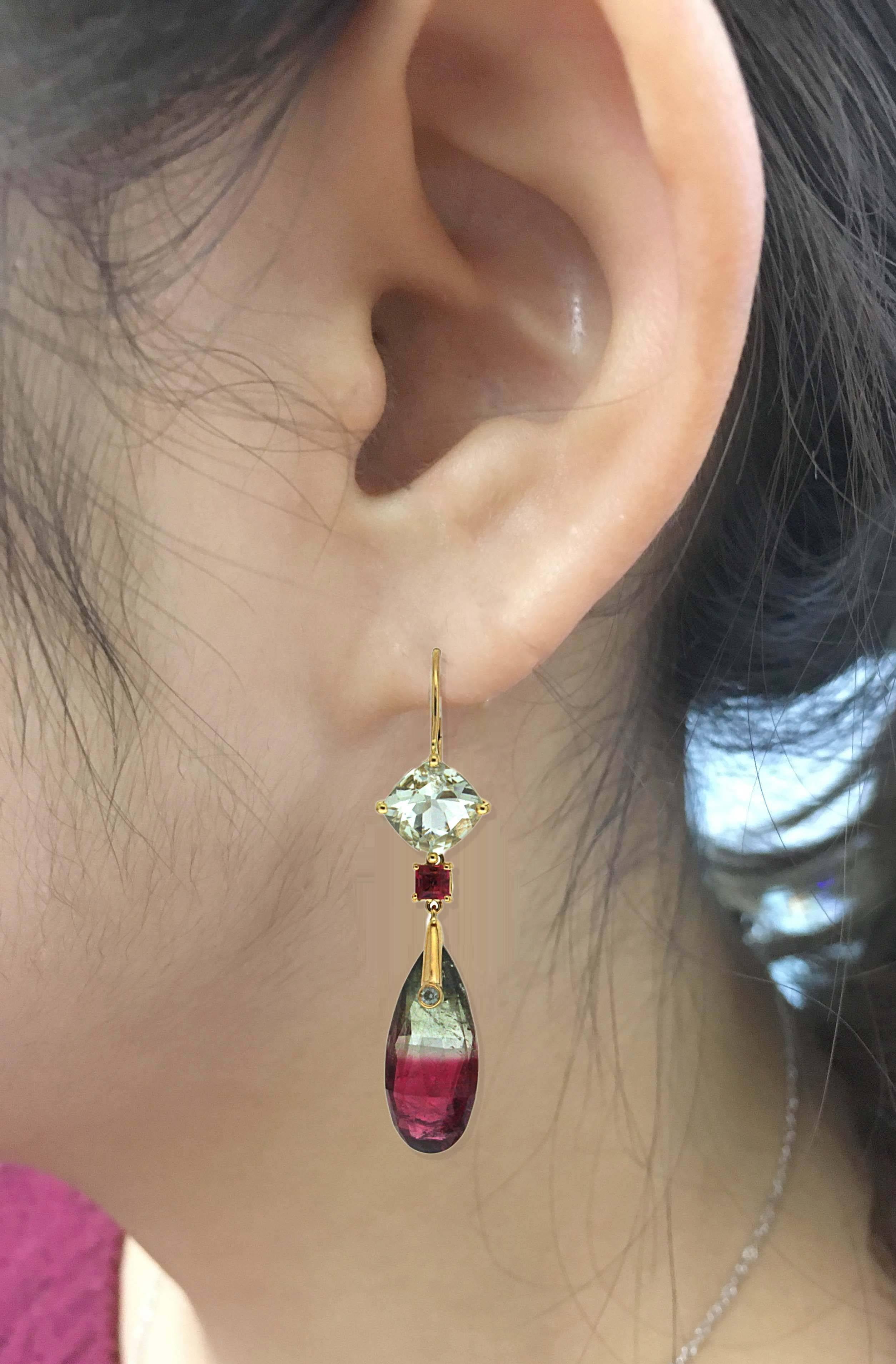 Beryl Rhodolite bi-color Tourmaline gold Earrings In New Condition In New York, NY