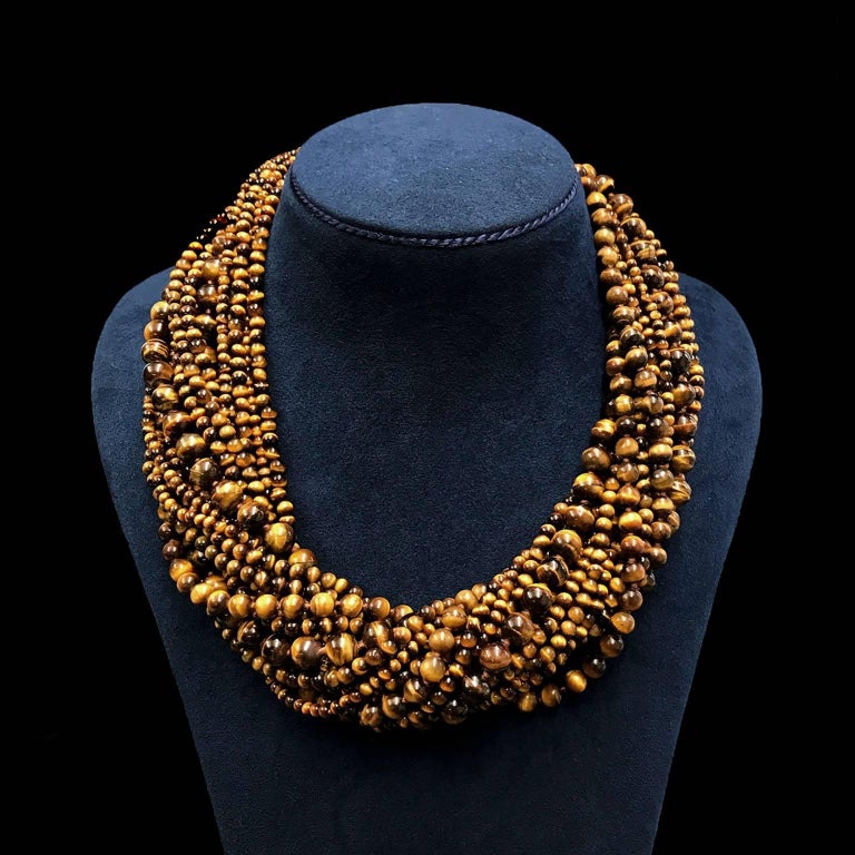 Tiger's Eye Bead Multi Strand Necklace with Gold Clasp For Sale at 1stdibs