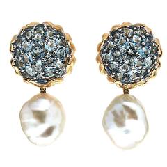 Aquamarine Pearl Gold Flower Bud Earrings 7