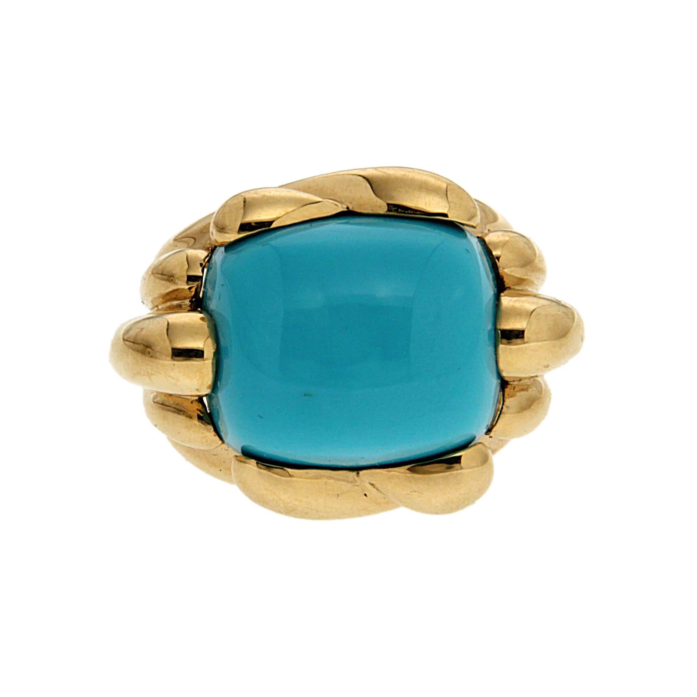 Turquoise Gold Fluted Criss Cross Ring In New Condition In New York, NY