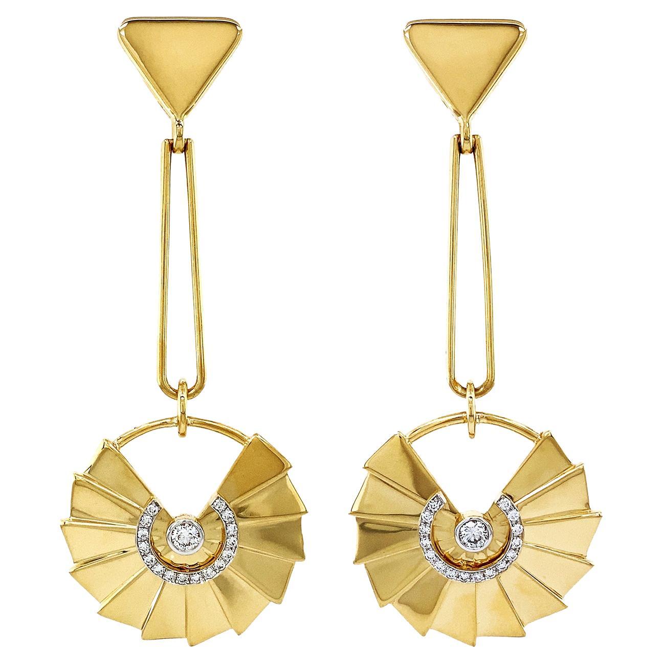 18K Yellow Gold Fan Diamond Drop Earrings  For Sale