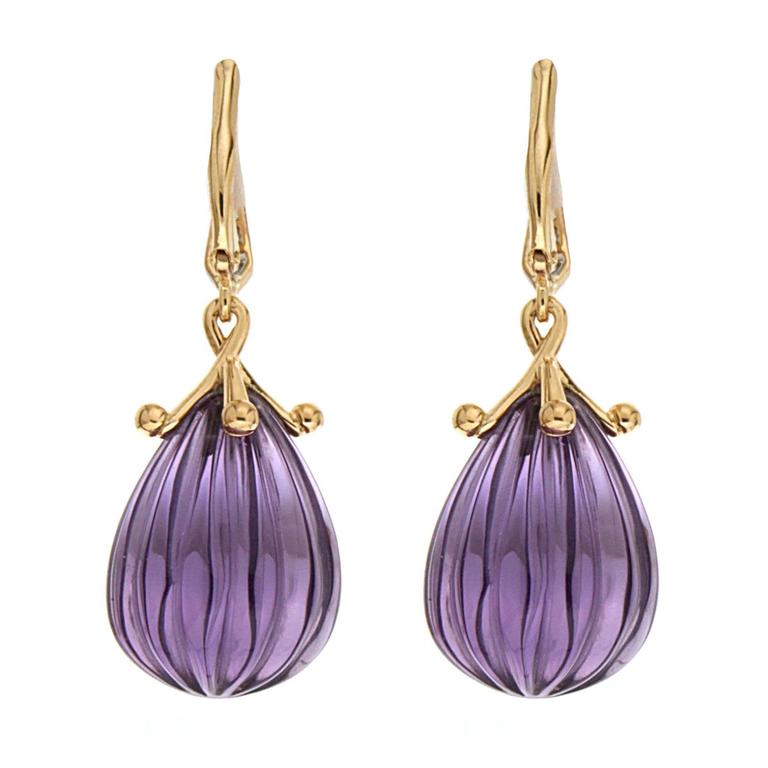 Carved Amethyst Drop Earrings with Diamonds at 1stDibs