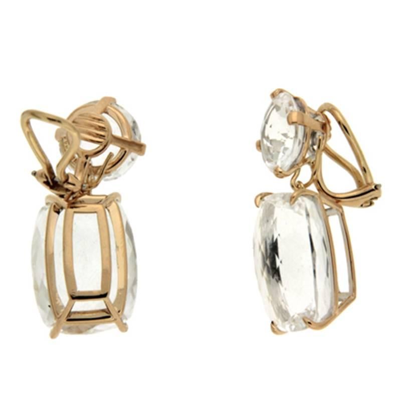 Round and Cushion Cut White topaz earrings in 18kt yellow gold with clip backs. The bottom cushion drop is detachable.