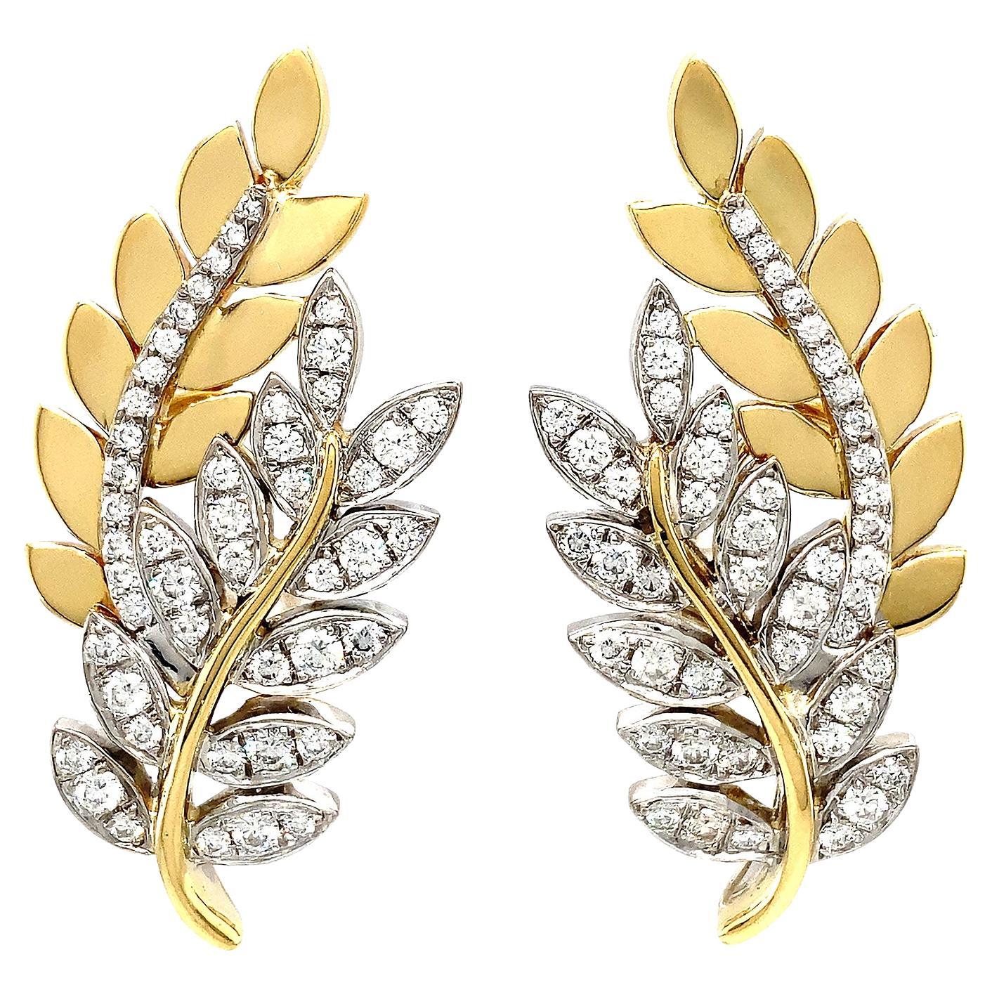 18k Palladium and Yellow Gold Olympia Diamond Leaf Motif Earrings For Sale
