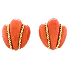 18K Yellow Gold Rope Red Coral Bee Earrings