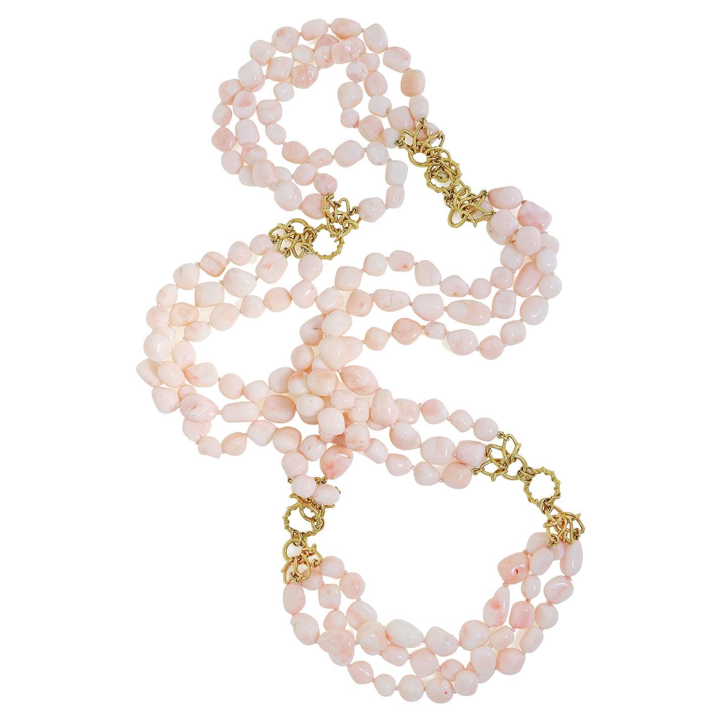 Three-strand Angel Skin Coral Nugget 18K Yellow God Necklace For Sale