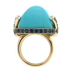 Cabochon-Türkisring mit blauen Saphiren und Diamantspitzen