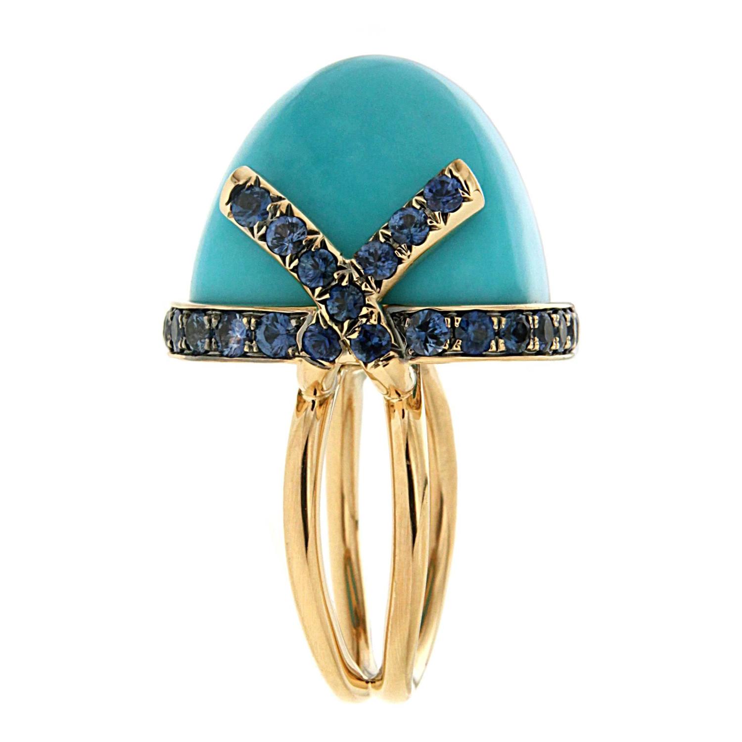 Cabochon Turquoise Ring with Blue Sapphires and Diamond Tips at 1stdibs