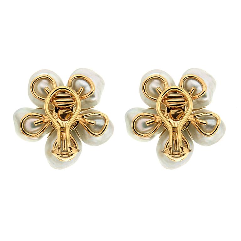 White Keshi Pearl Diamond Gold Cluster Earrings at 1stDibs