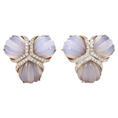Triple Fan Chalcedony Diamonds Fan Earrings