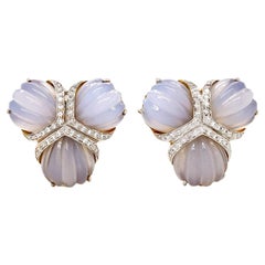 Triple Fan Fluted Chalcedony Diamonds 18K Yellow Gold Fan Clip-on Earrings