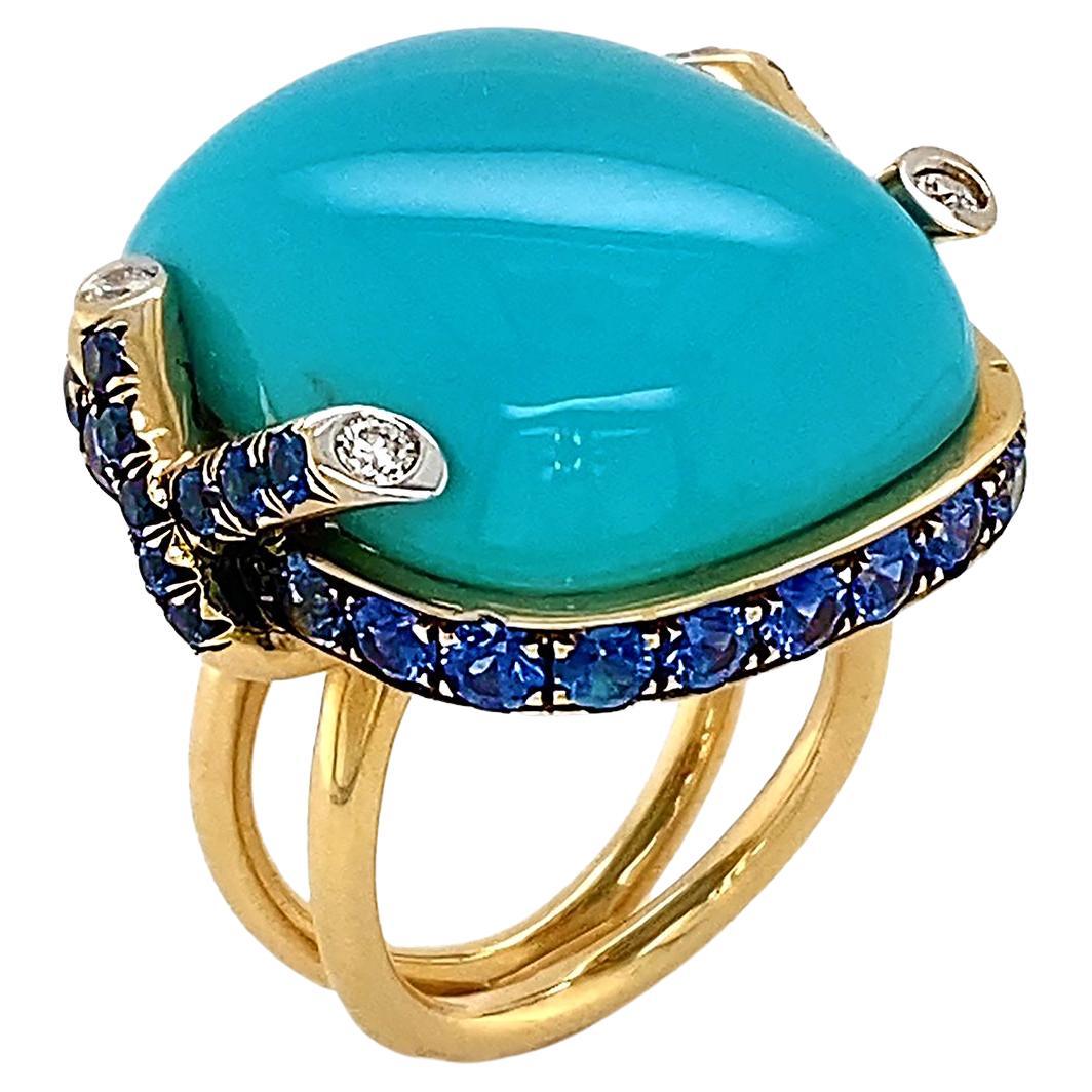 Cabochon Sleeping Beauty Turquoise Blue Sapphire Diamond 18K Yellow Gold Ring For Sale