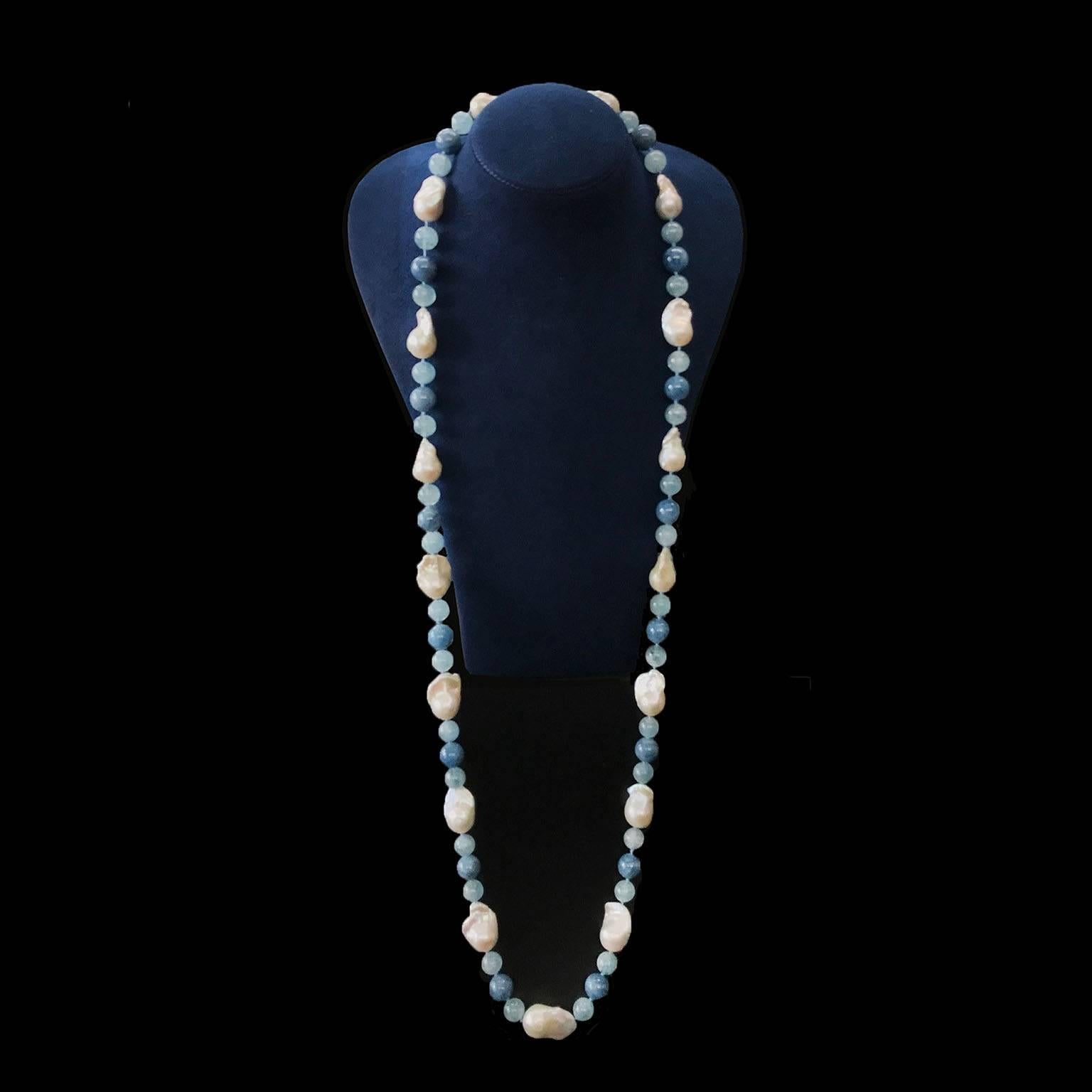 Fresh Water Baroque Pearl Aquamarine Gold Necklace In New Condition In New York, NY