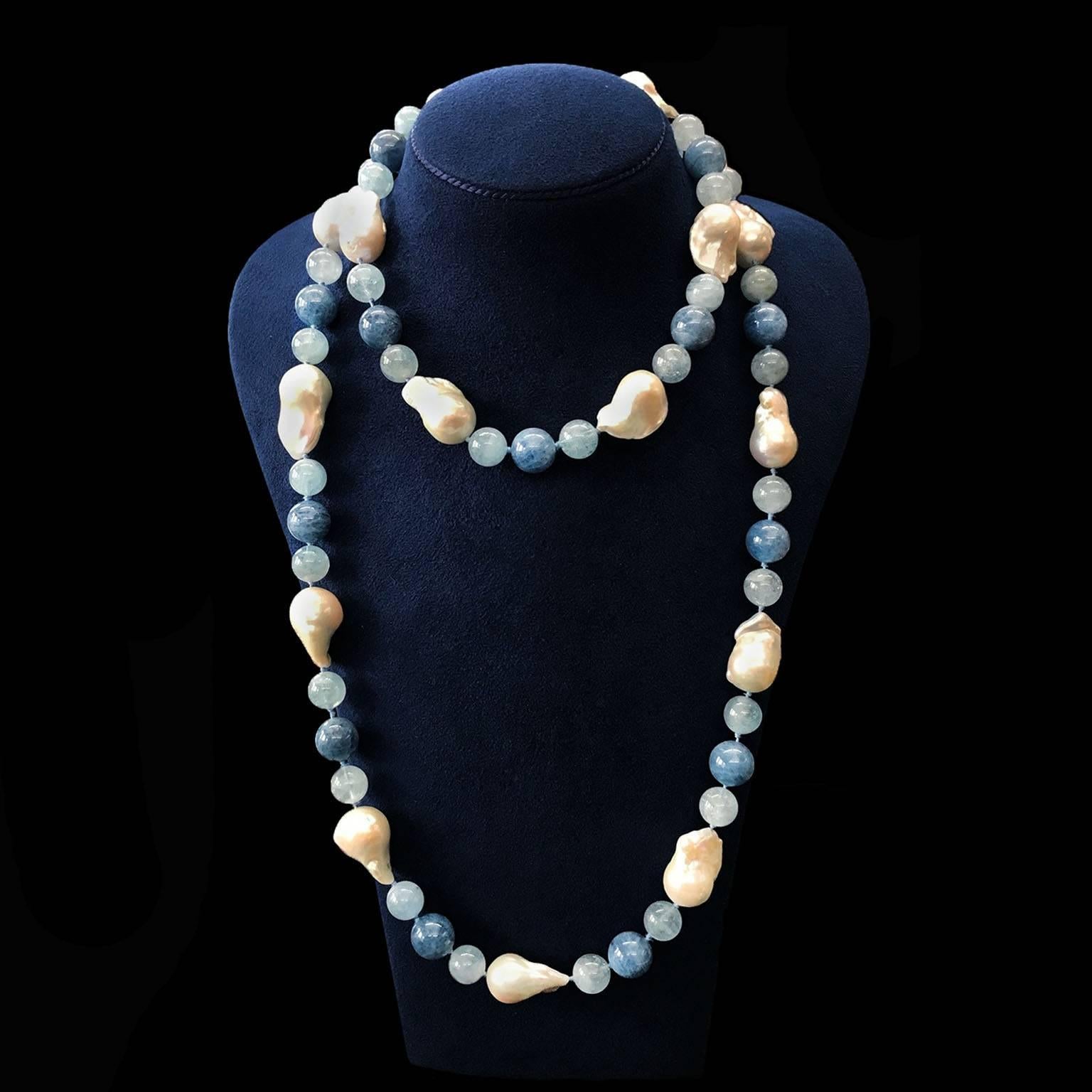 Women's Fresh Water Baroque Pearl Aquamarine Gold Necklace