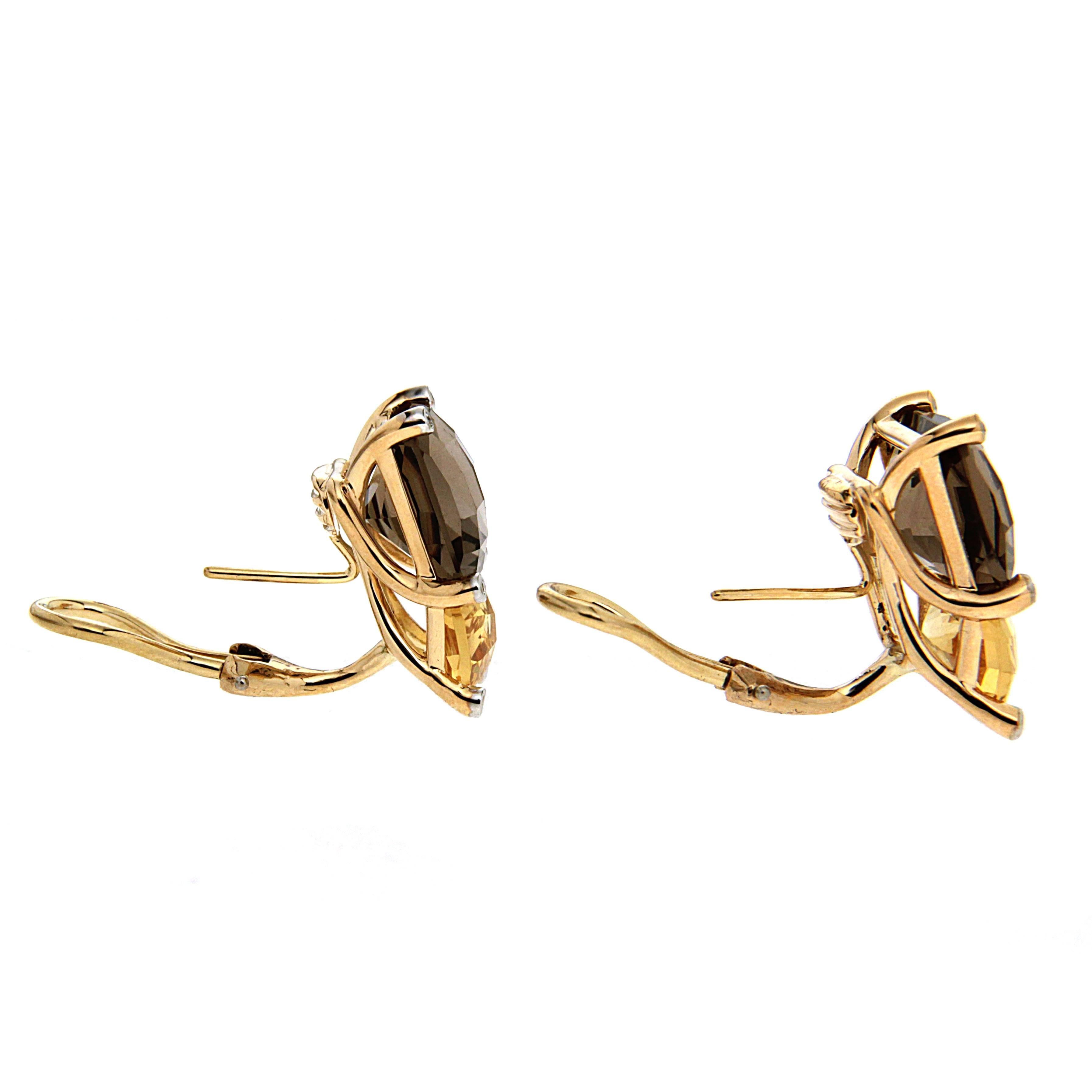 This lovely pair of COLORI Earrings features square cut quadrilateral Brown Topaz and special cut trapezoid Citrine with diamonds in the prongs. The earrings are finished with clip backs and posts in 18kt yellow gold. Posts can be added or removed