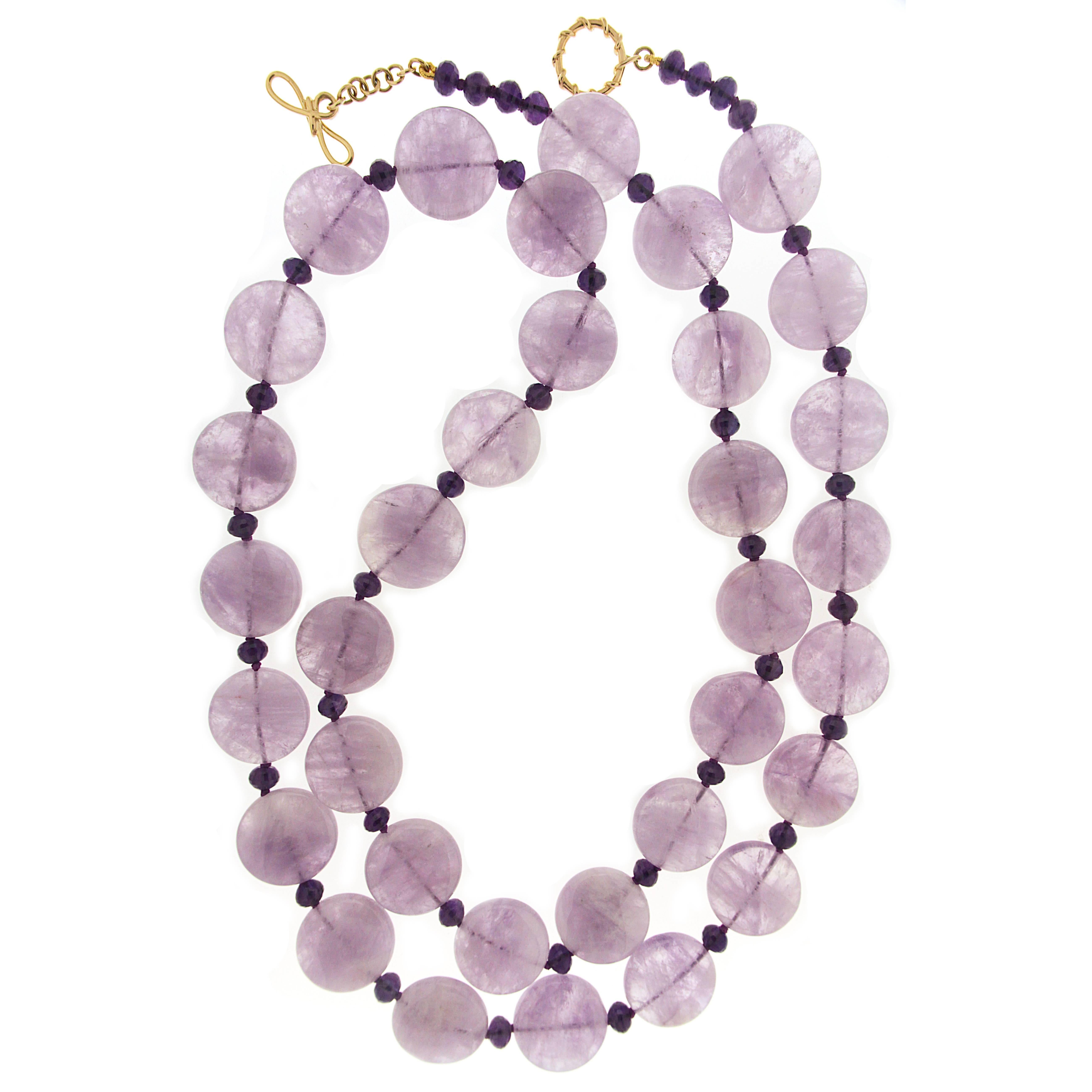 This unique necklace features 20mm Round Amethyst Disk & Amethyst Roundels necklace with our signature lasso ring and toggle in 18kt yellow gold. 