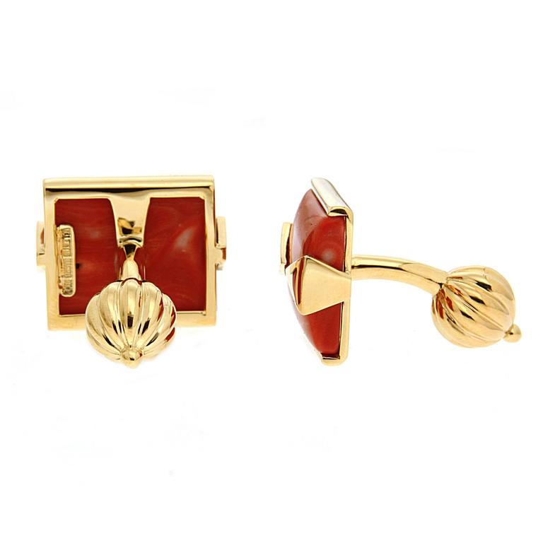 Special Cut Rectangle Red Coral Cufflink with Triangle Motif For Sale ...