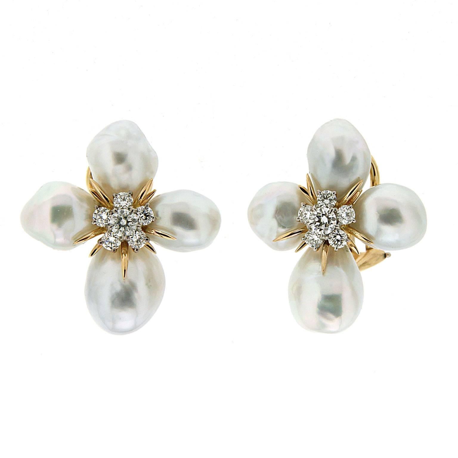 Baroque Pearl Flower Cluster Earrings with Diamonds