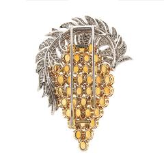 Diamond Pave Leaf Brooch with Oval Madeira Citrines