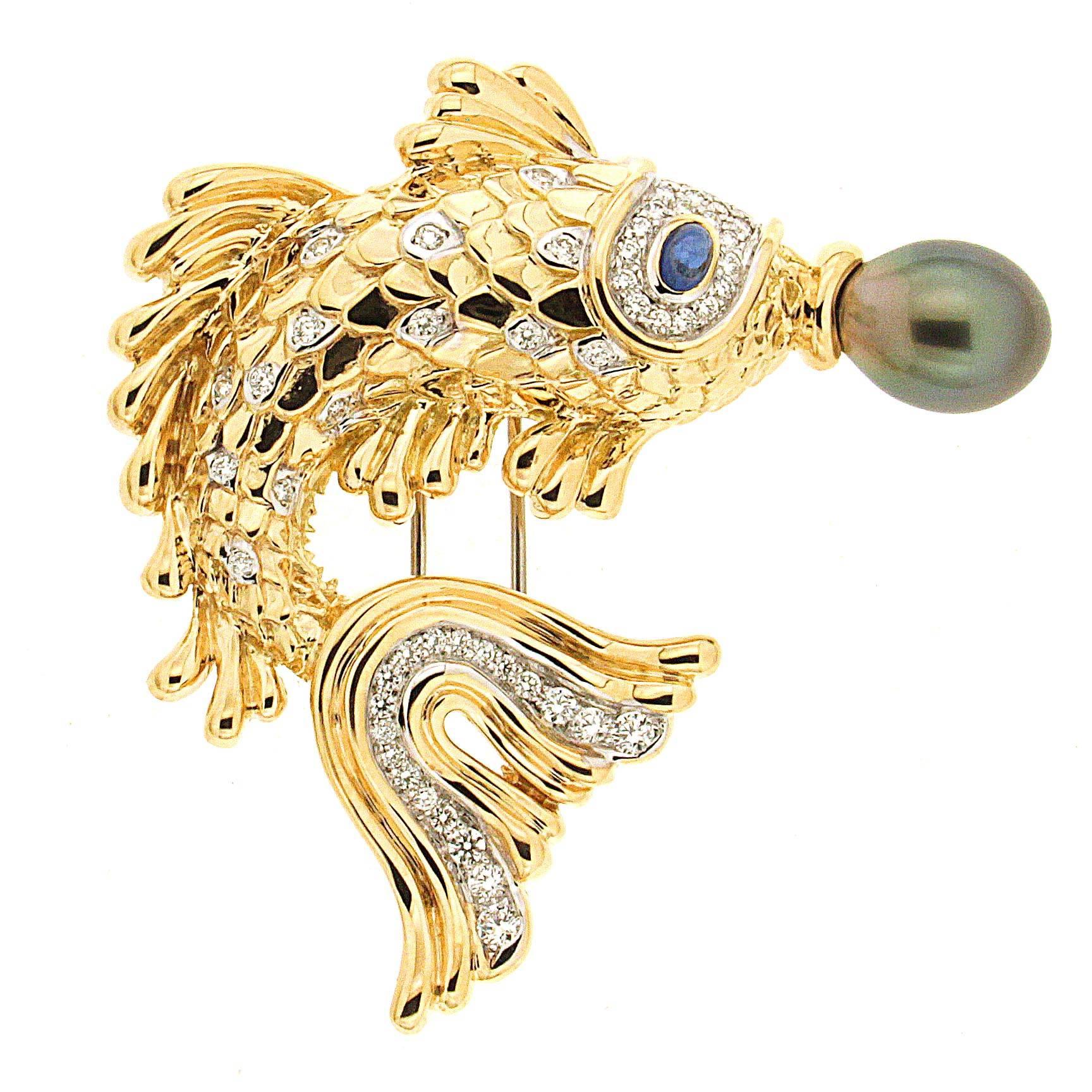 Valentin Magro Fish Brooch Pescado del Orient with Sapphire and Tahitian Pearl