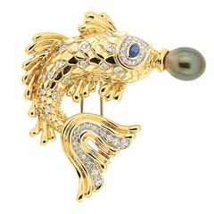 Whimsical Fish Brooch Pescado del Orient with Sapphire and Tahitian Pearl 9