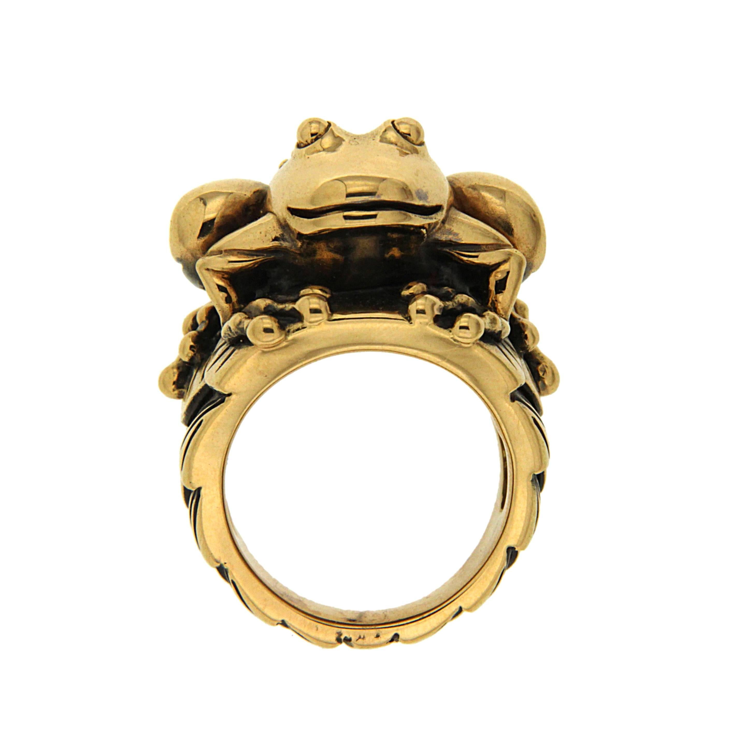 Inspired by the beauty of nature and animals, the lovely result is a three-dimensional ring that captures the delicate details of a lively frog. Wearable and fun, perfect for someone who craves to be unique and different. 18kt yellow gold.

Current