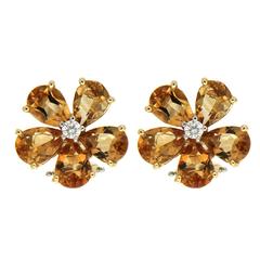 Pear Shape Cluster Citrine Yellow Gold Earrings with Centre Diamond 10