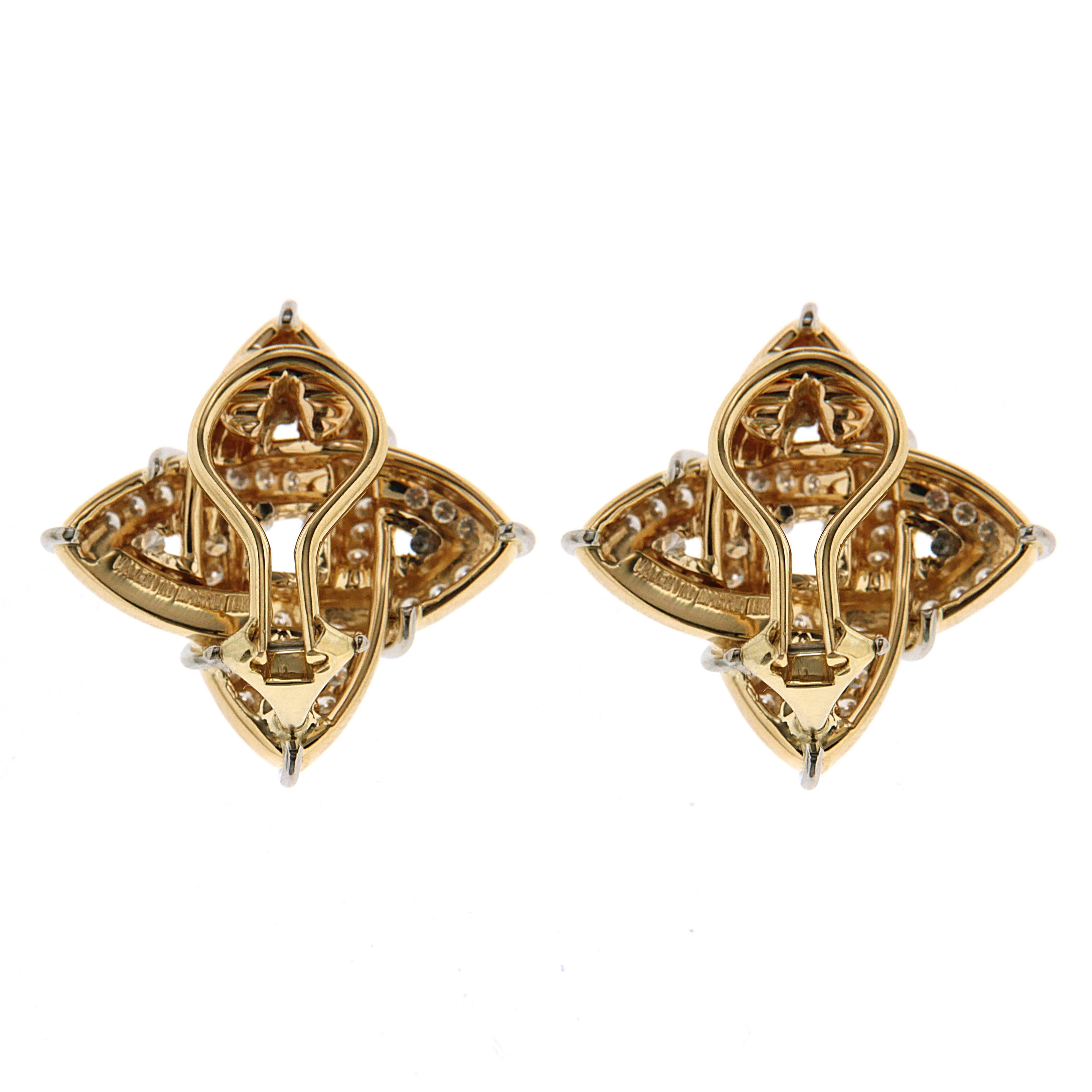 Valentin Magro 18K Yellow Gold Gothic Earrings with Single Line of Diamonds and Platinum Wires. Finished with Clip backs.