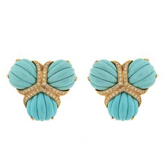 Triple Fan Turquoise Diamond Gold Earrings 7
