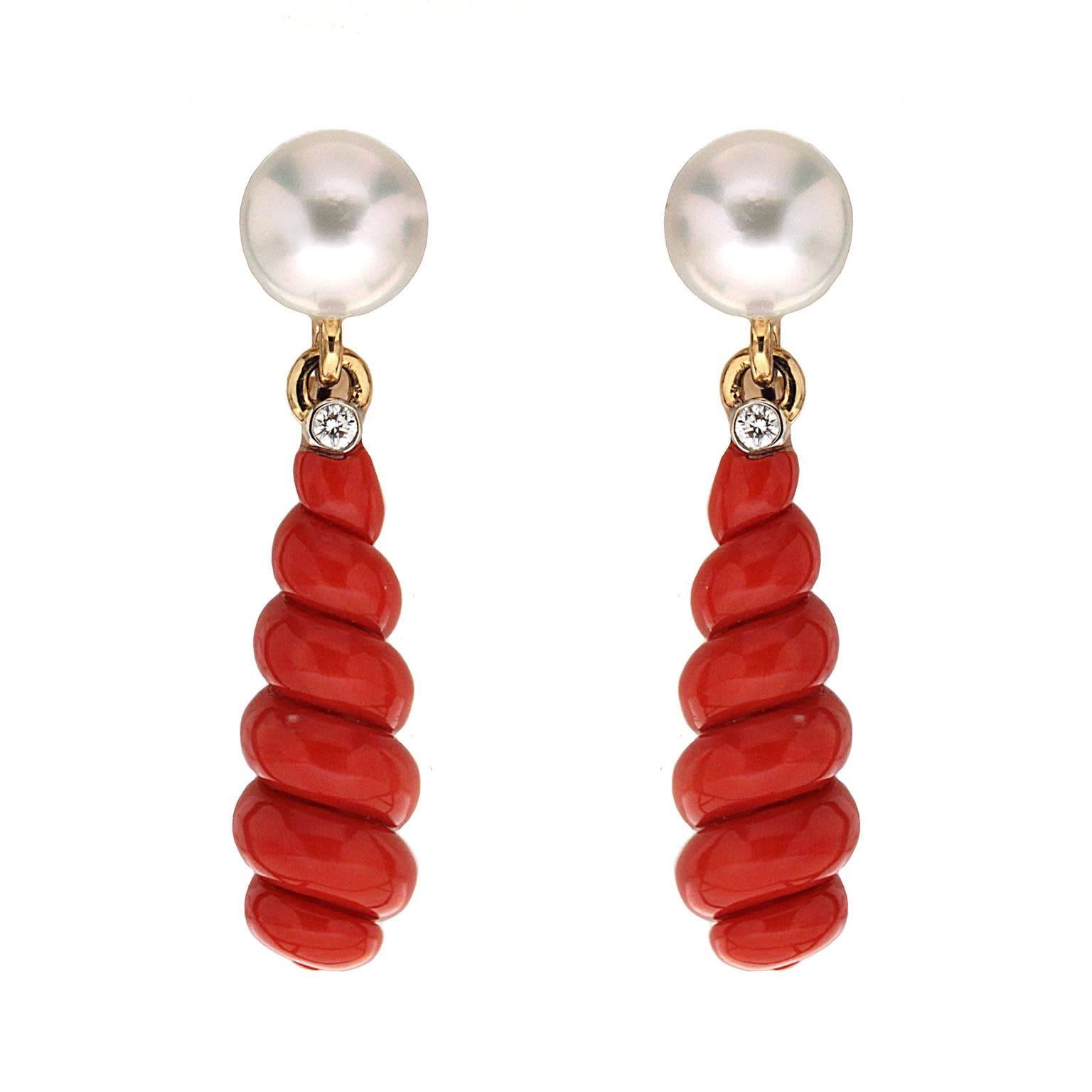 Freshwater Pearl Diamond Spiral Red Coral Drop Earrings