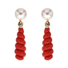 Freshwater Pearl Diamond Spiral Red Coral Drop Earrings 7