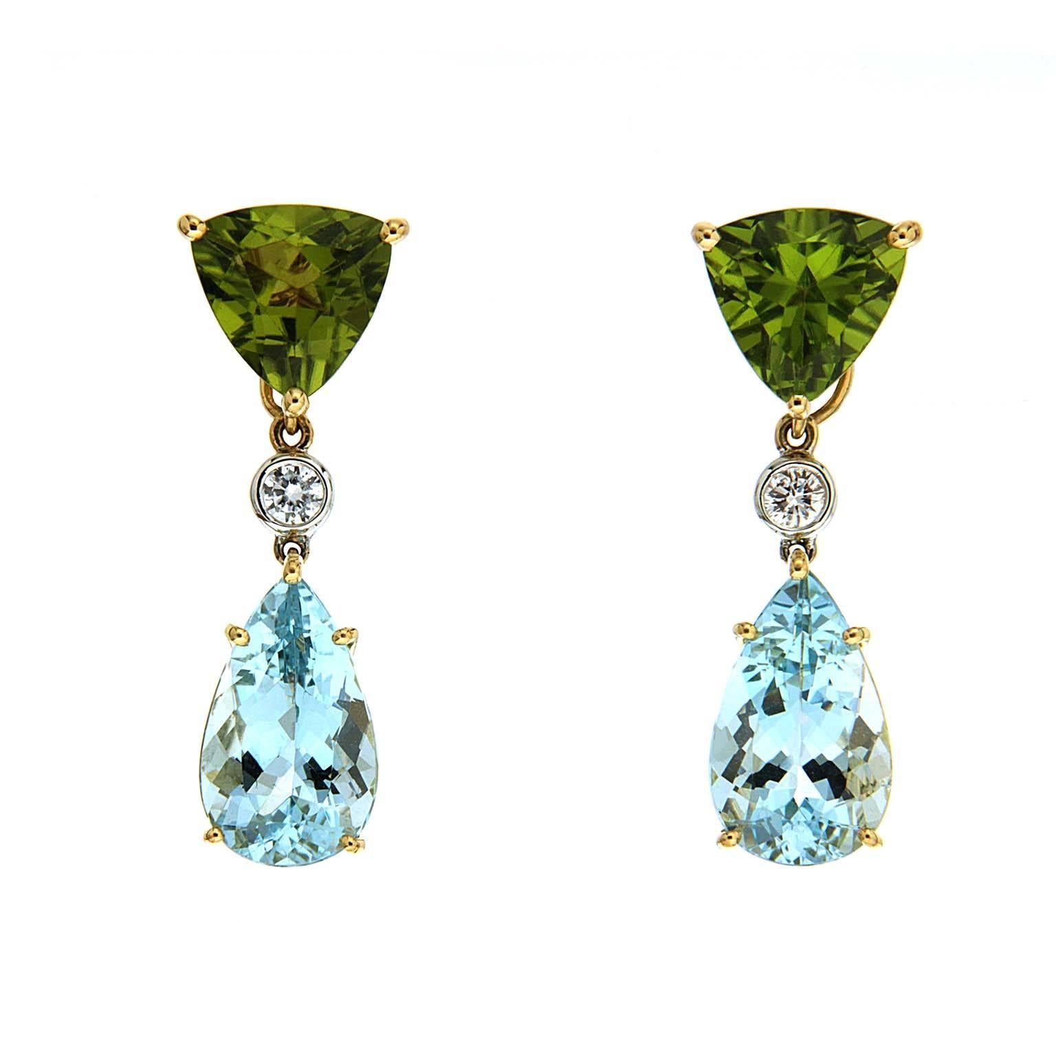 Peridot Aquamarine Diamonds Gold Drop Earrings