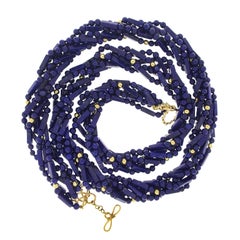 Five Strands of Long Tube and Round Ball Lapis Lazuli with Gold Balls Necklace