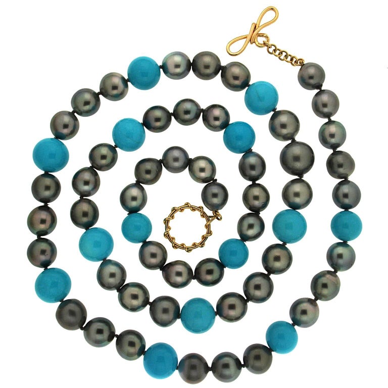 Valentin Magro Turquoise and Tahitian Pearl Necklace For Sale