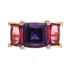 Colori Iolite Pink Tourmaline Diamond Gold Three Stone Ring 9