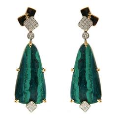 Cubic Malachite Diamond Gold Drop Earrings 4