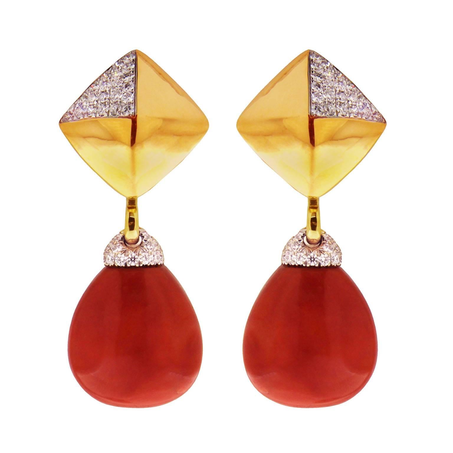 Pave Coral Diamond Gold Pyramid Removable Clip Earrings