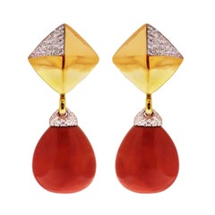 Pave Coral Diamond Gold Pyramid Removable Clip Earrings