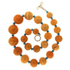 Yellow butterscotch Amber and turquoise roundels Necklace 7
