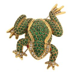 Small Tsavorite Opal Diamond Gold Frog Brooch 10