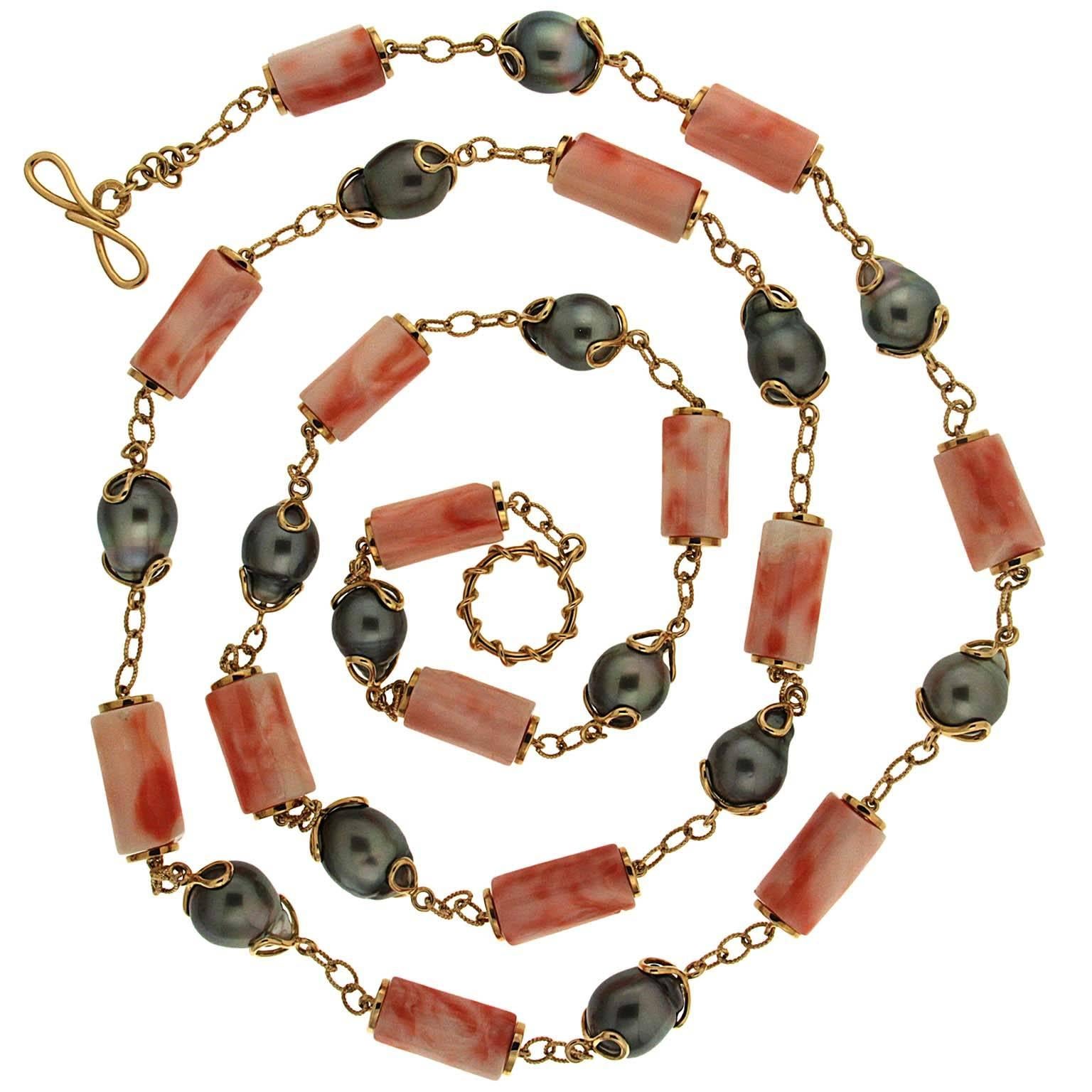 Tahitian Pearls and Salmon Coral Necklace