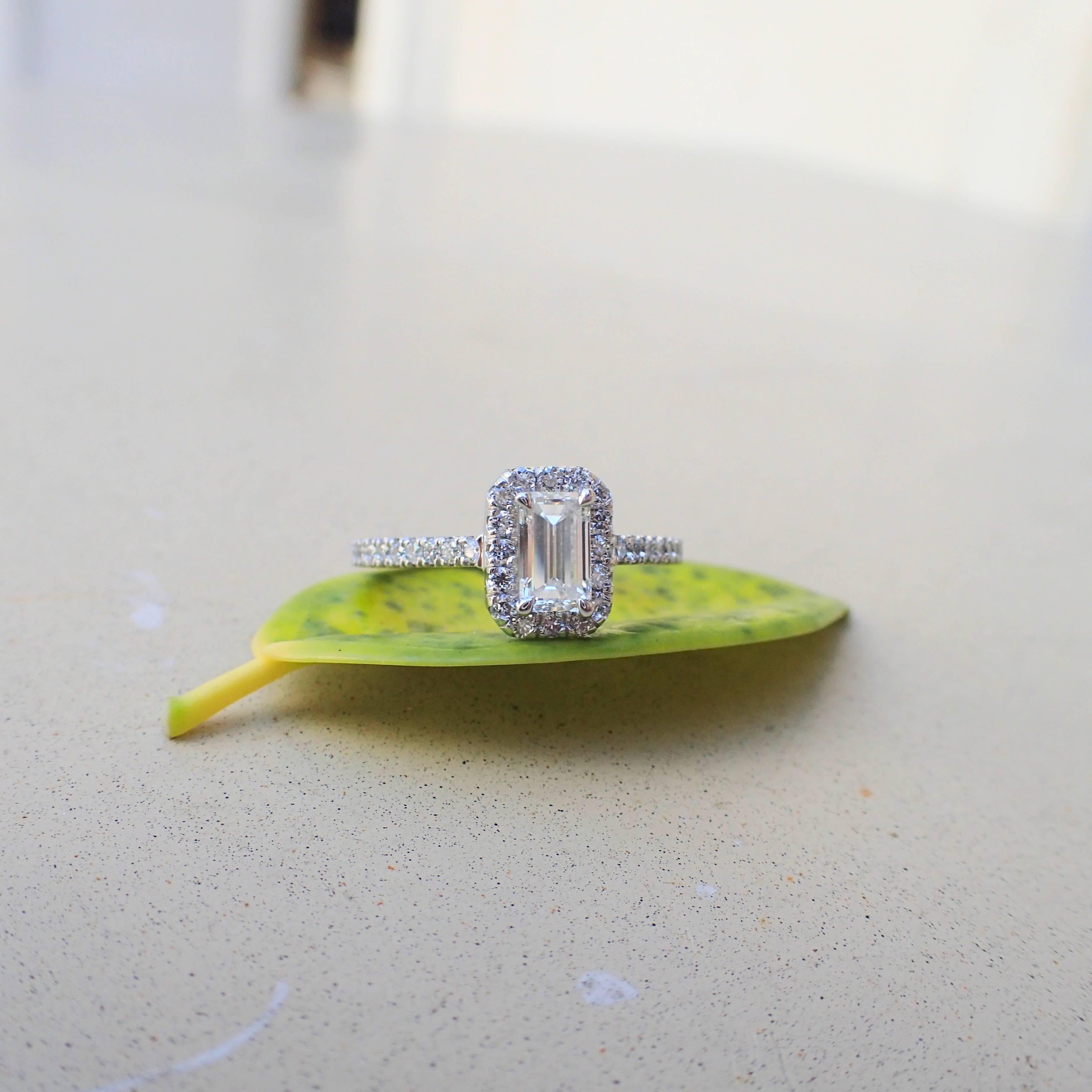 0.98 Carat - Platinum - Emerald Cut Diamond Engagement Halo Ring 4