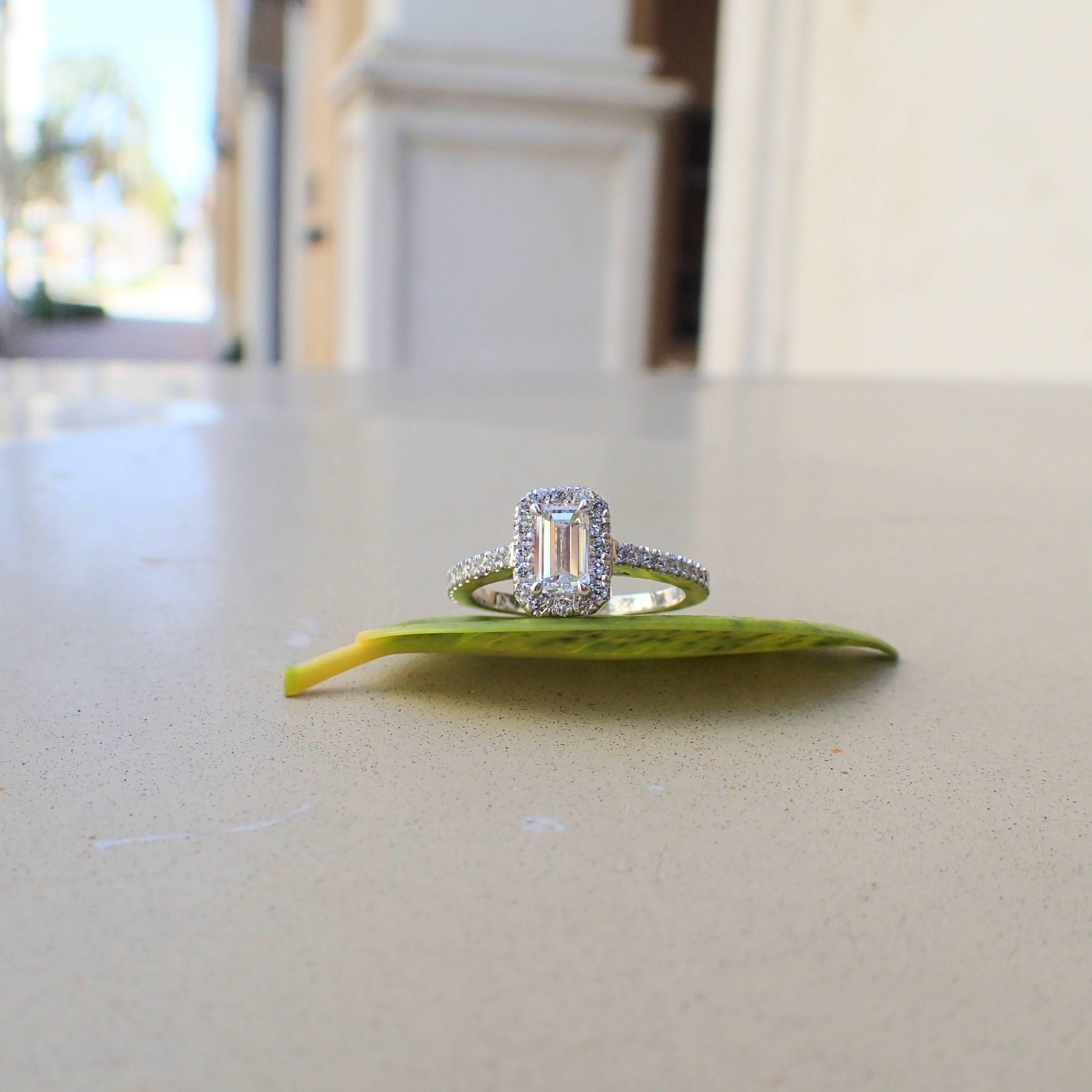 0.98 Carat - Platinum - Emerald Cut Diamond Engagement Halo Ring 7