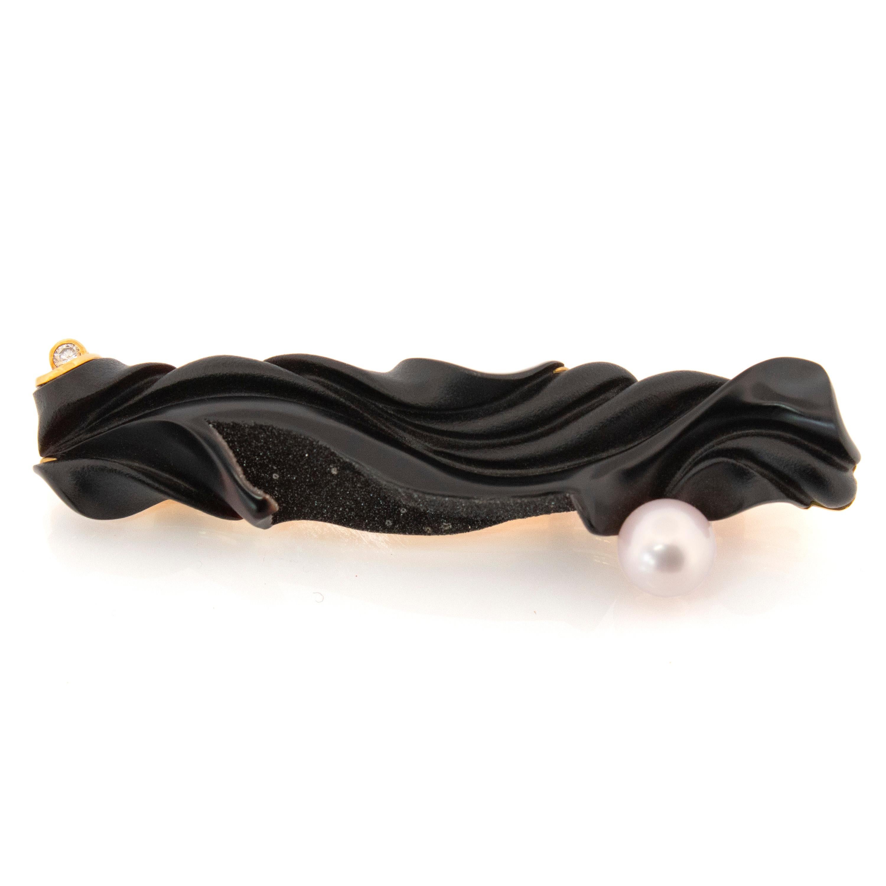 Contemporary Carved Black Chalcedony Sculpture & Pearl 18kt Pendant, Enhancer, & Brooch For Sale