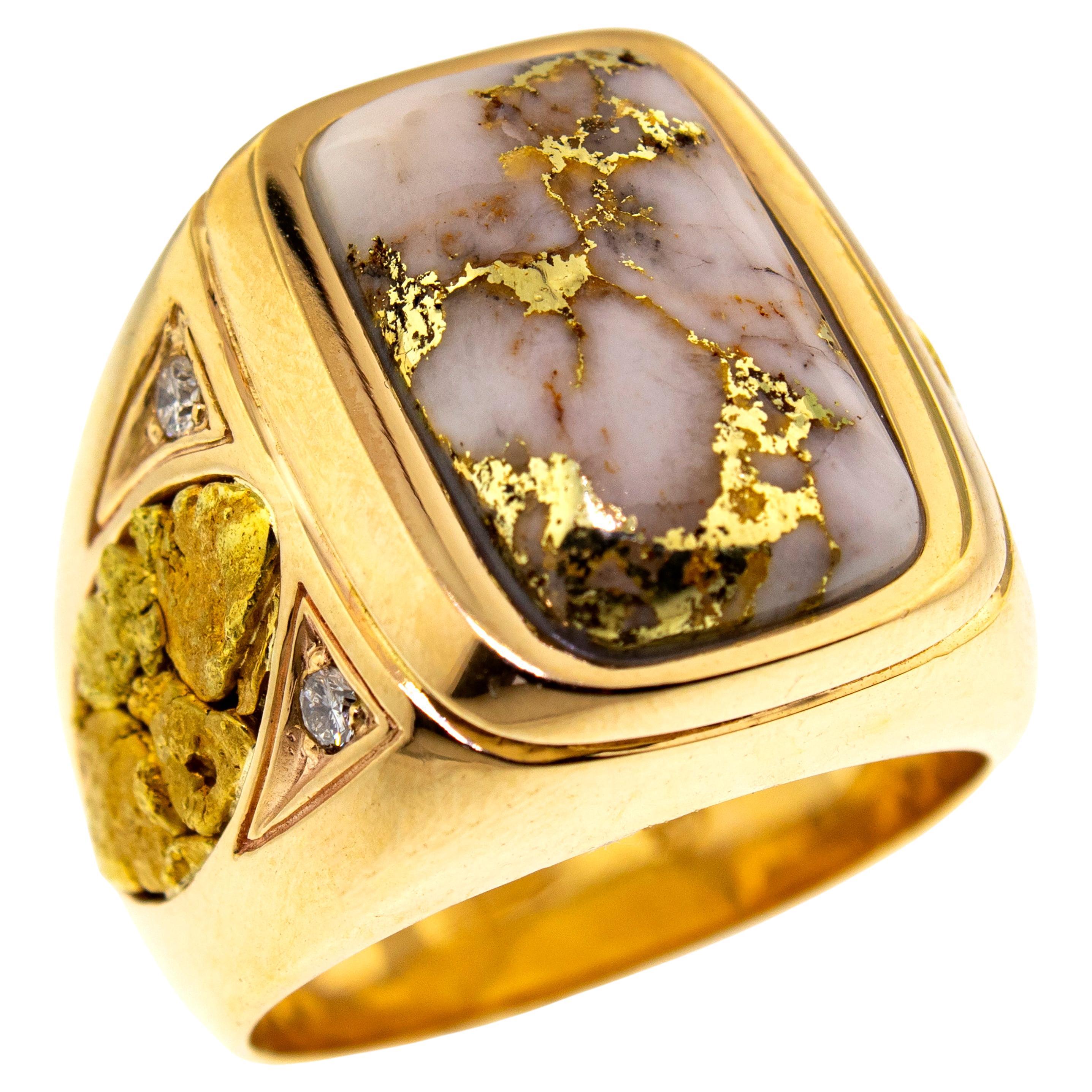 For Sale:  Natural Gold in Quartz, Gold Nugget, and Diamond 14kt Gold Men's Custom Ring