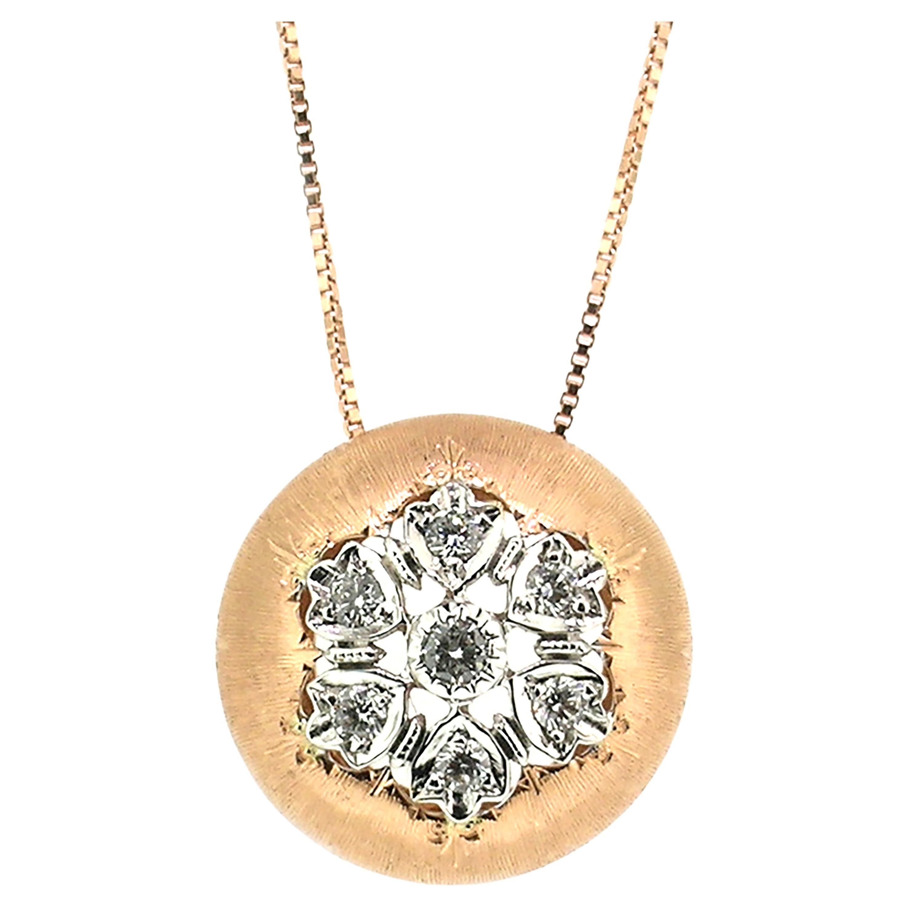 18kt Gold and Diamond Florentine Engraved Necklace, Handmade in Italy