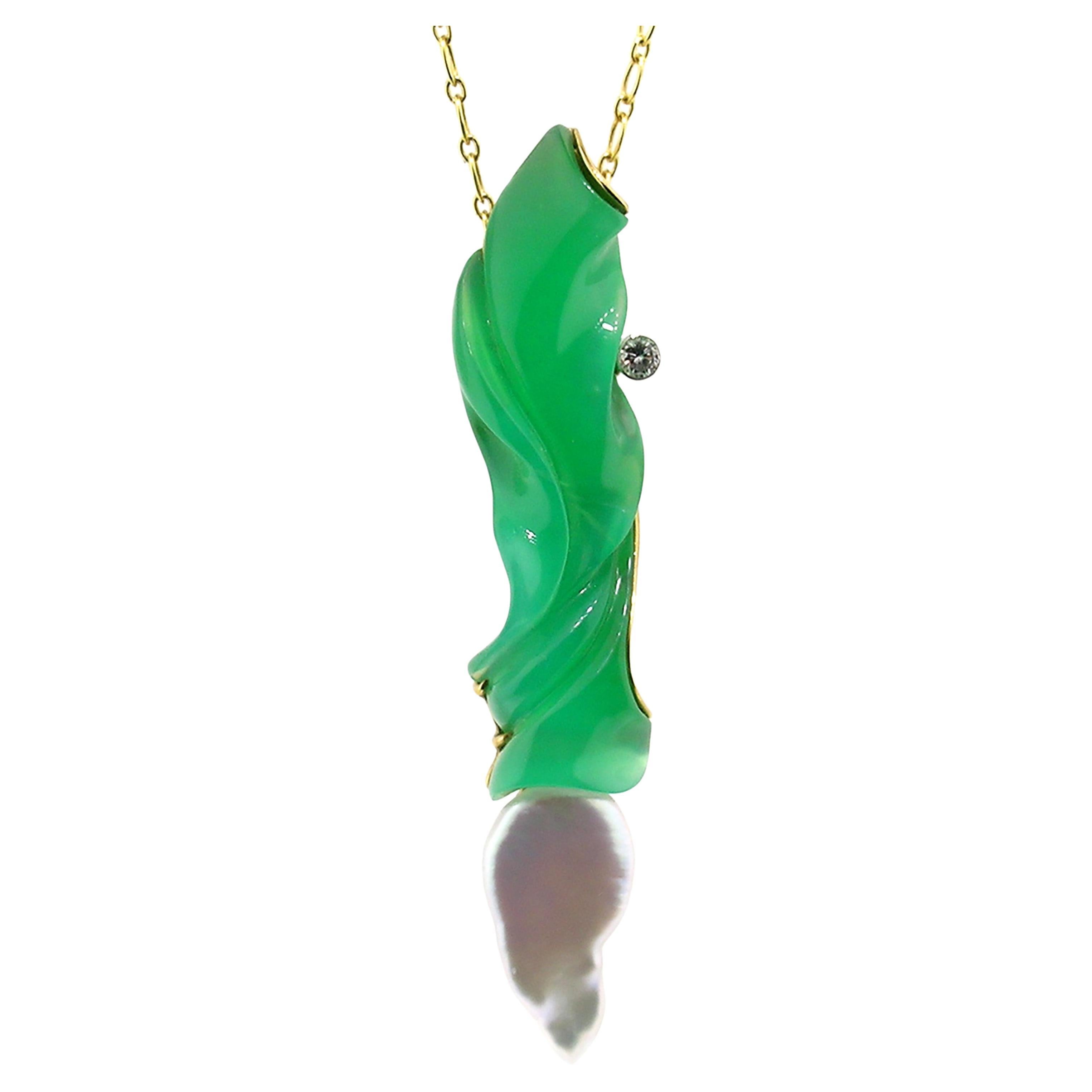 Carved Chrysoprase Sculpture 18kt Pendant, Enhancer, & Brooch For Sale